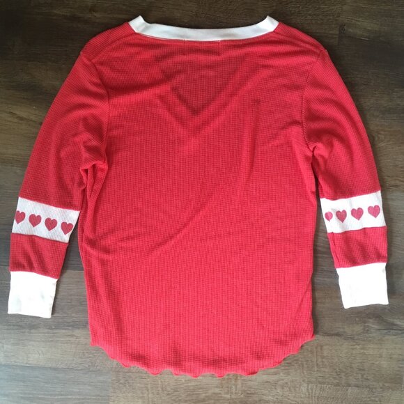 Wildfox Shirt Top Red Graphic Hearts Waffle Knit Thermal V Neck Ruffle Hem XS - Picture 9 of 10